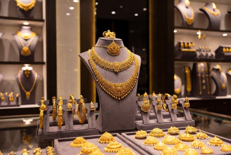 1 gram gold jewellery in Hadapsar displayed in a jewellery showroom with necklace sets and bangles