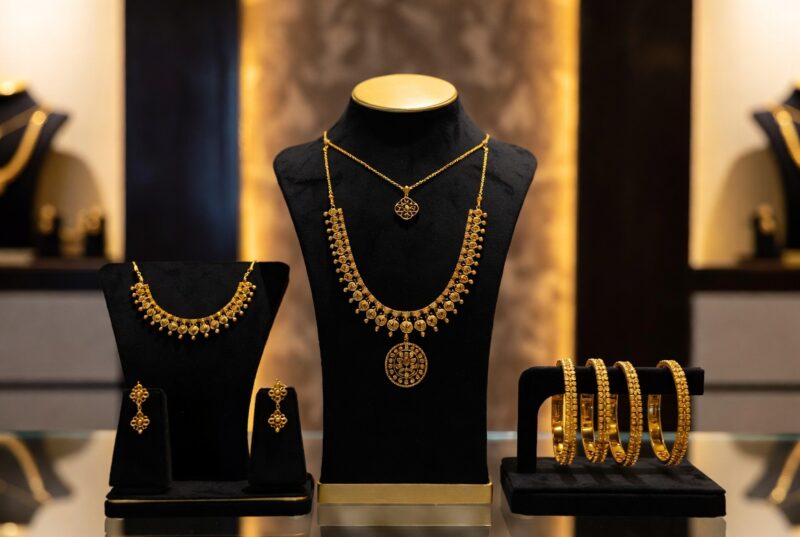Affordable 1 gram jewellery in Hadapsar displayed in a jewellery boutique with necklace sets and bangles