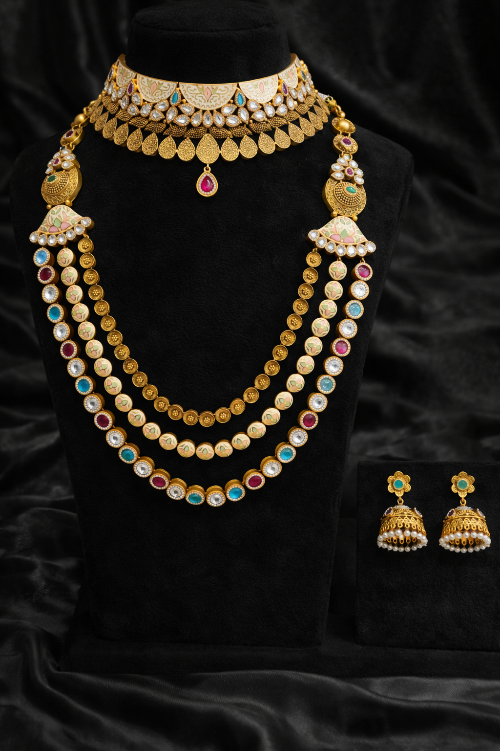 Beautiful bridal 1 gram jewellery set featuring traditional necklace, earrings, bangles, and wedding accessories at MHD Jewels in Hadapsar.