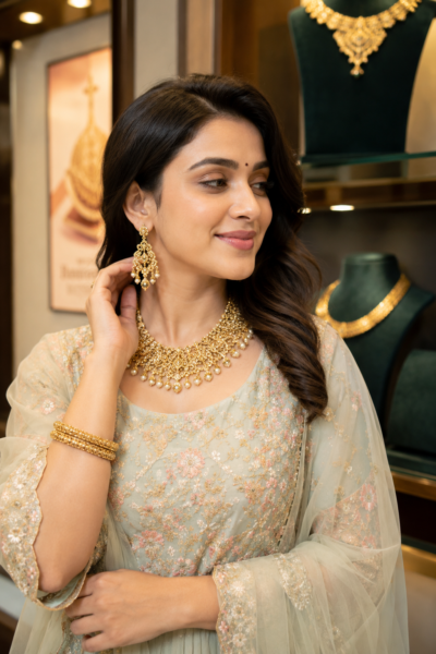 Woman wearing stylish 1 gram jewellery from best 1 gram jwellery shop in hadapsar