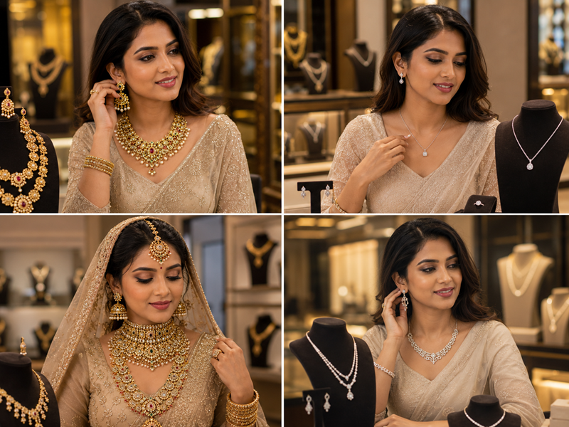 Woman choosing jewellery from best 1 gram jwellery shop in hadapsar